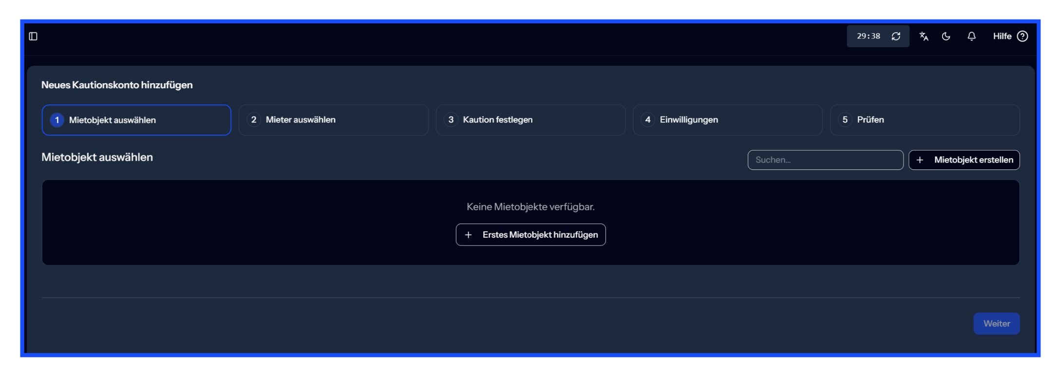 Schritt 3: Erstes Kautionskonto anlegen